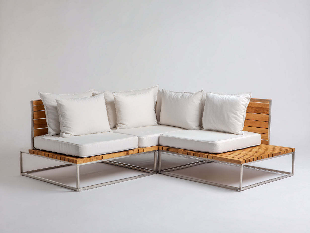 Sofás de exterior de madera y metal 220 x 220 x 75 cm - Marrón natural blanco y plateado - Diseño esquinero moderno