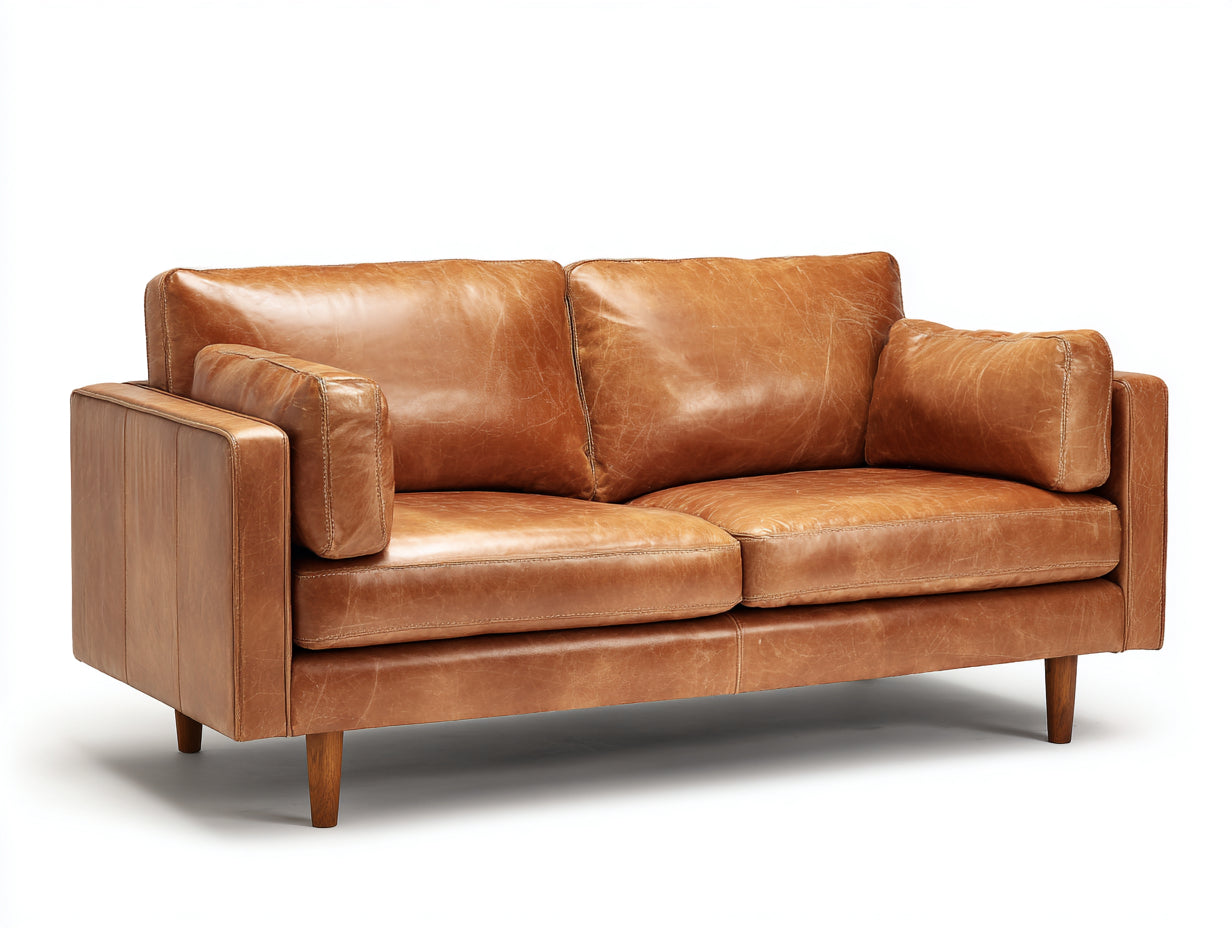 Sofás lineales tapizados efecto piel 220x88x78 cm - marrón camel-madera natural - 3 plazas