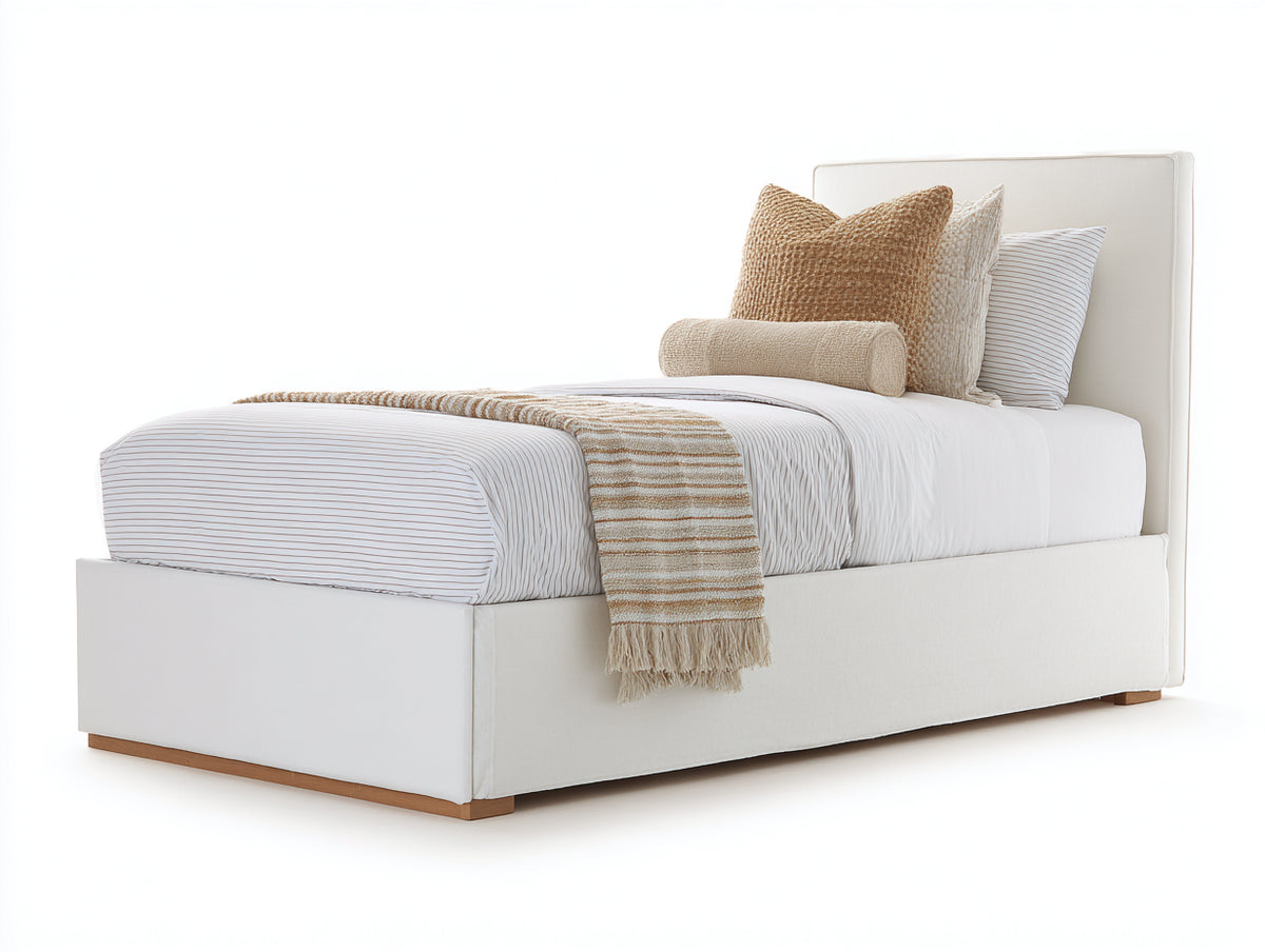 Camas individuales - Cama individual tapizada en tejido 210 x 110 x 118 cm - Blanco roto - Cabecero acolchado y diseño minimalista para dormitorio