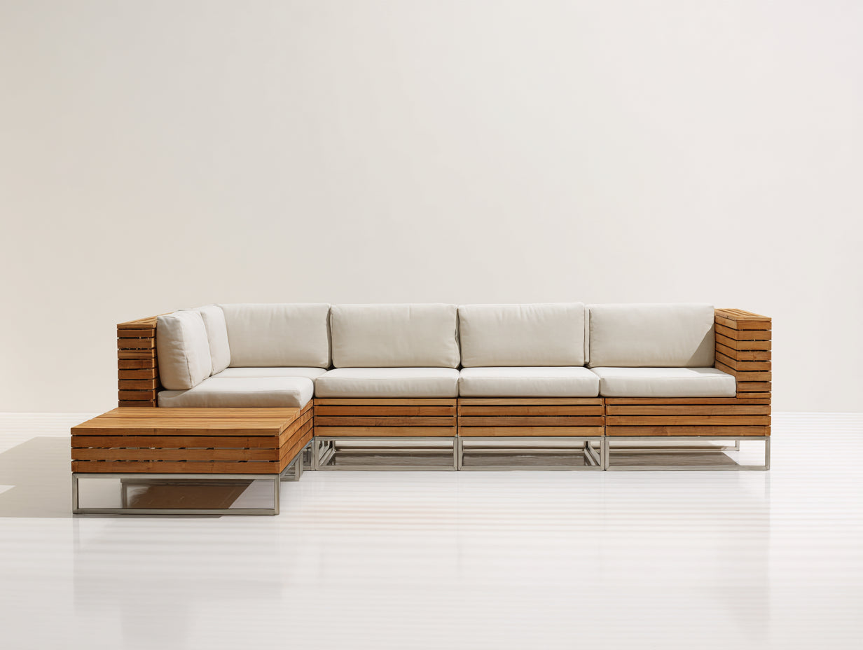 Sofás de exterior modulares en L de madera y metal 285 x 180 x 78 cm - marrón natural y crema - diseño contemporáneo con chaise longue