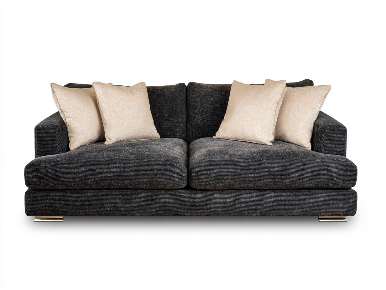 Sofás lineales de tela 230 x 95 x 85 cm - Gris antracita y dorado - 3 plazas y diseño contemporáneo