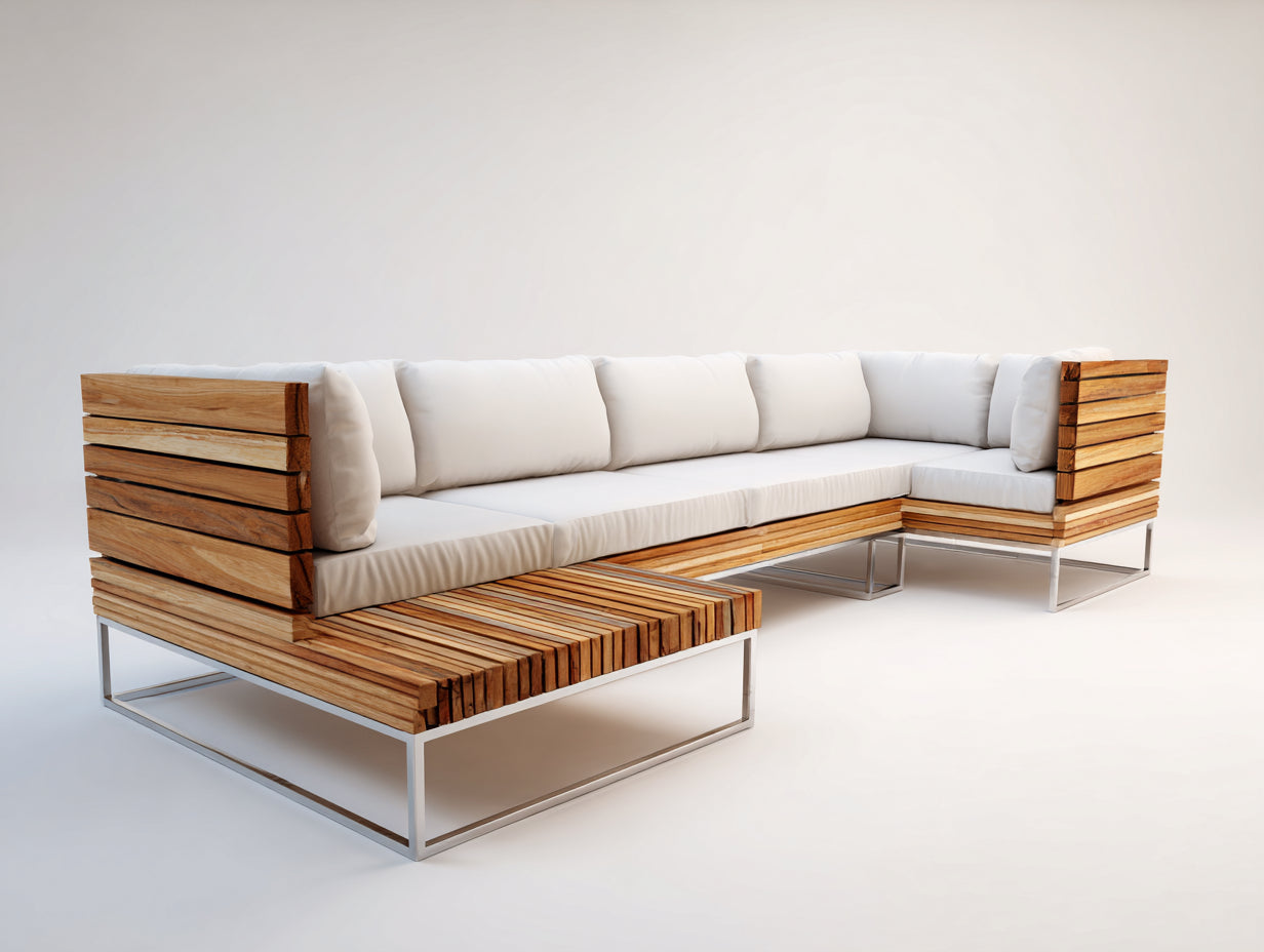 Sofás de exterior de madera y metal 310x235x70 cm - madera natural-blanco-plata - diseño esquinero