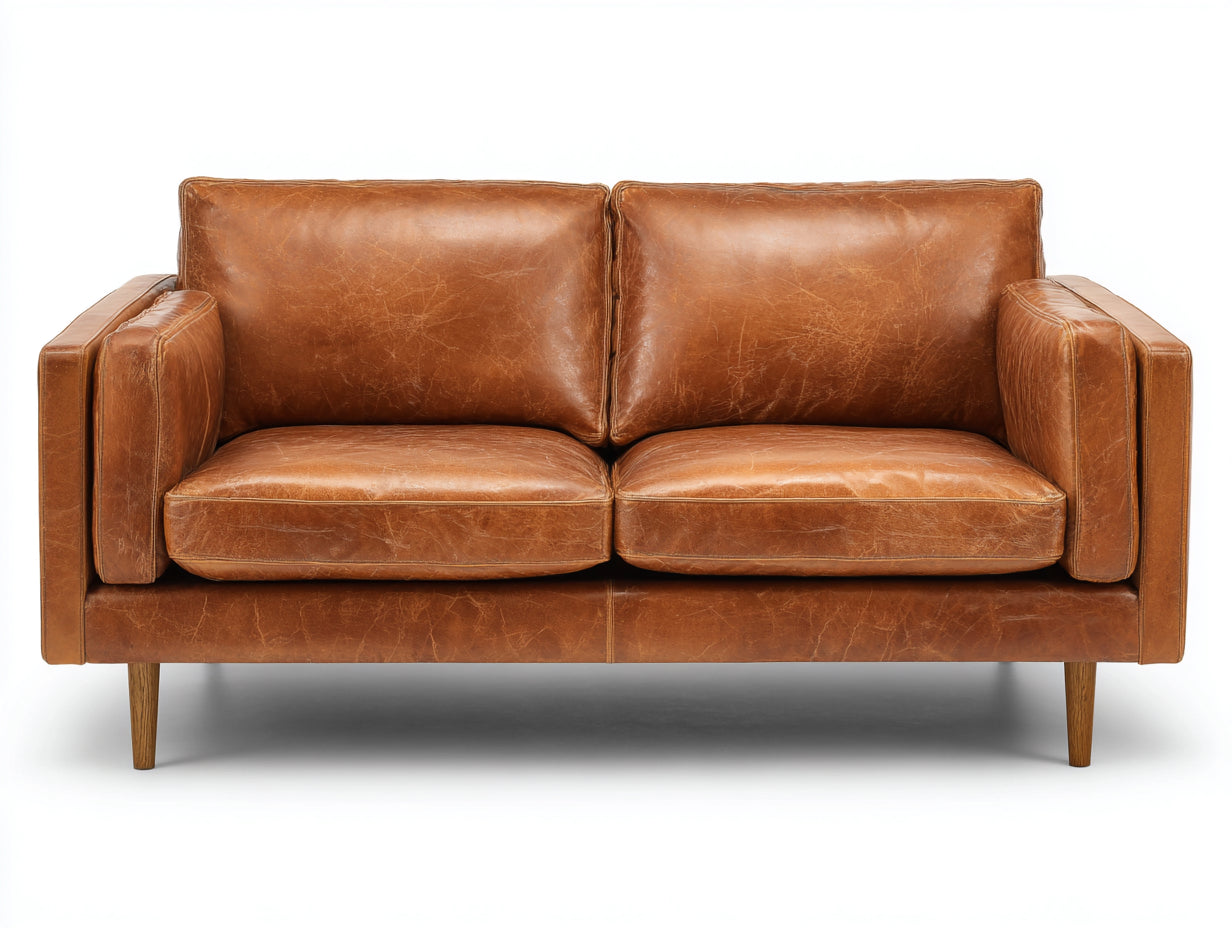 Sofás lineales tapizados efecto piel 190x88x78 cm - marrón camel-madera natural - 2 plazas