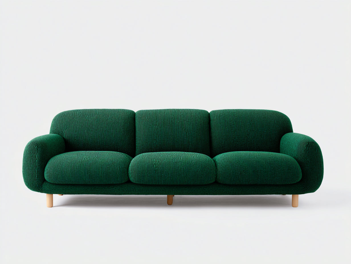 Sofás lineales de tejido acanalado 235 x 95 x 82 cm - Verde esmeralda y madera natural - 3 plazas y diseño moderno