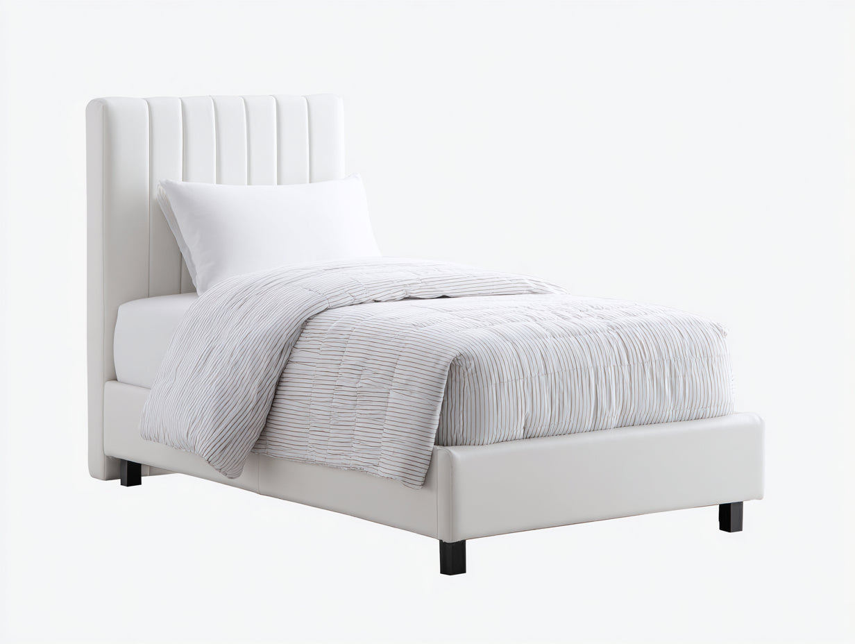 Camas individuales - Cama individual tapizada 210 x 105 x 125 cm - Blanco - Cabecero alto acanalado y diseño moderno para dormitorio